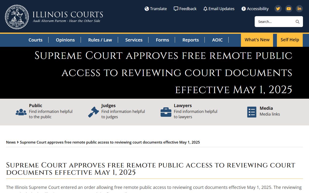 Illinois Courts news release on free remote public access to reviewing-court documents in May 2025