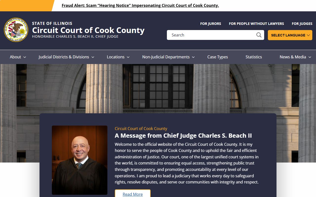 Cook County Circuit Court home page with main navigation for cases and divisions