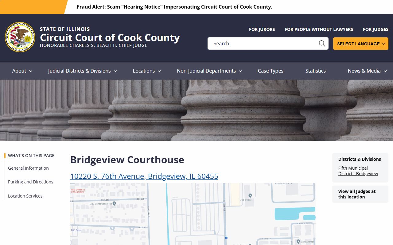 Bridgeview courthouse page for the Fifth Municipal District of Cook County