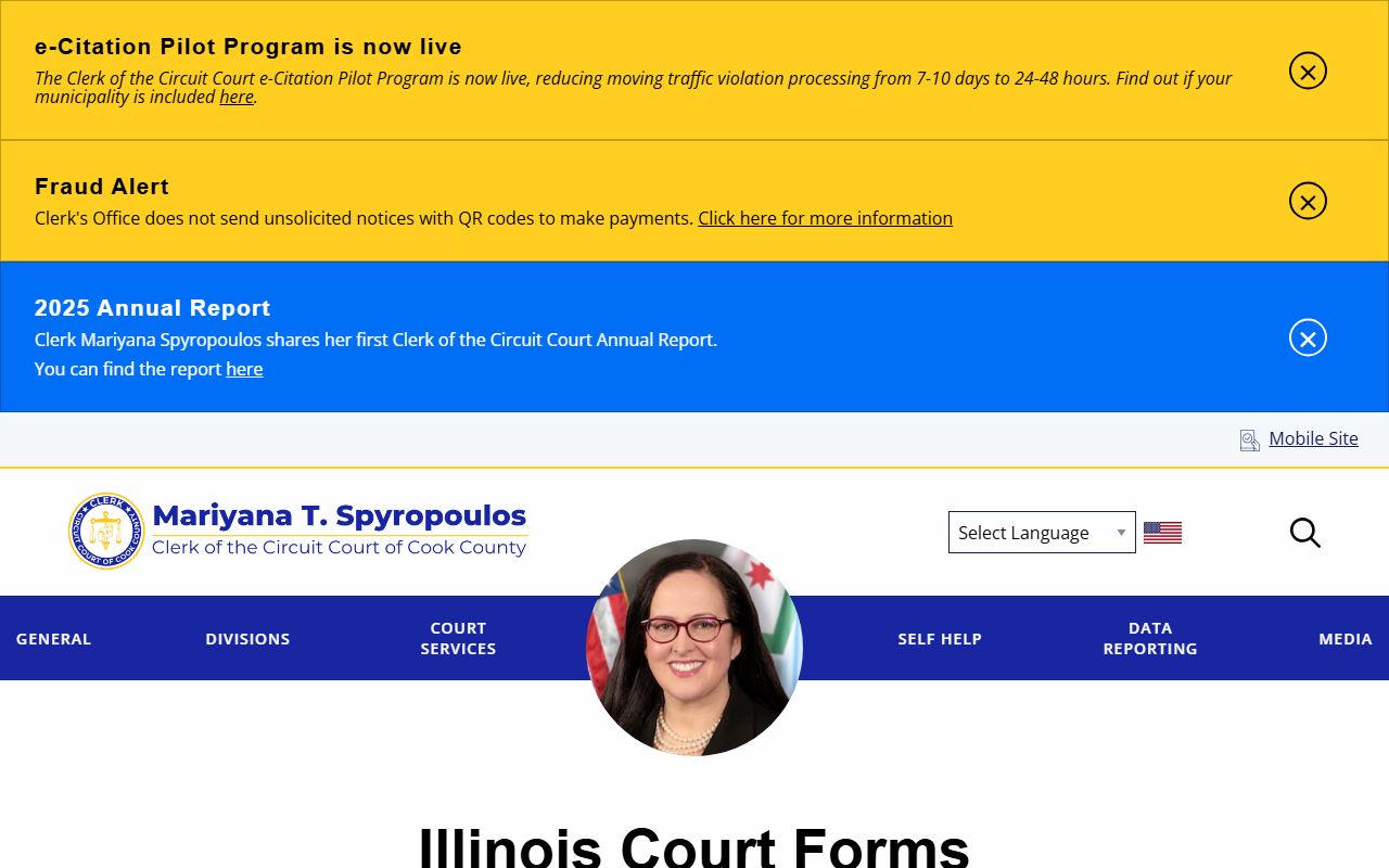 Clerk of the Circuit Court page linking standardized Illinois Supreme Court forms