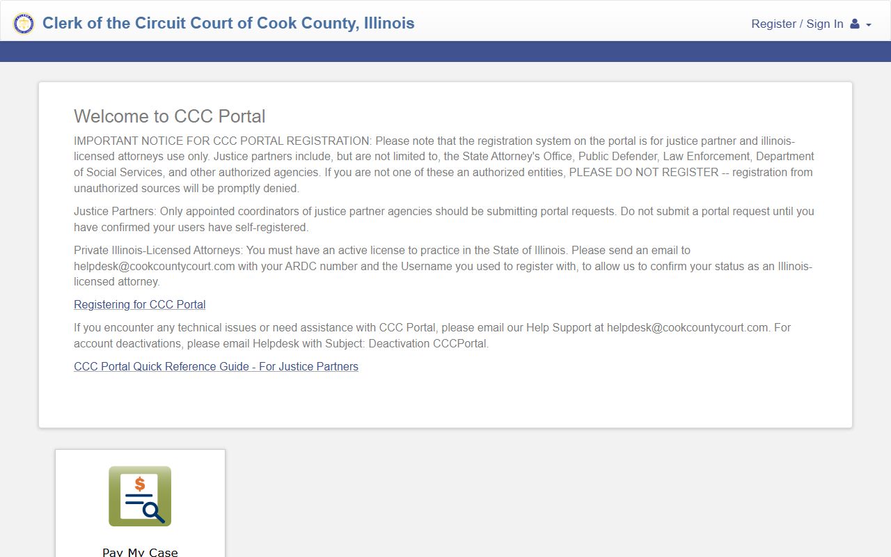 Cook County CCC Portal home page for justice partners and Illinois-licensed attorneys