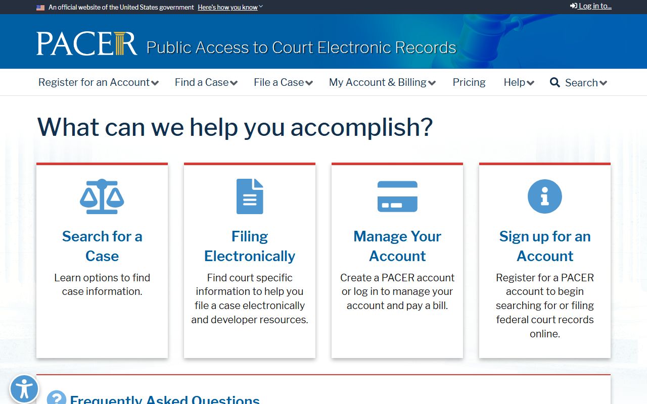 PACER federal case access registration and fee information page