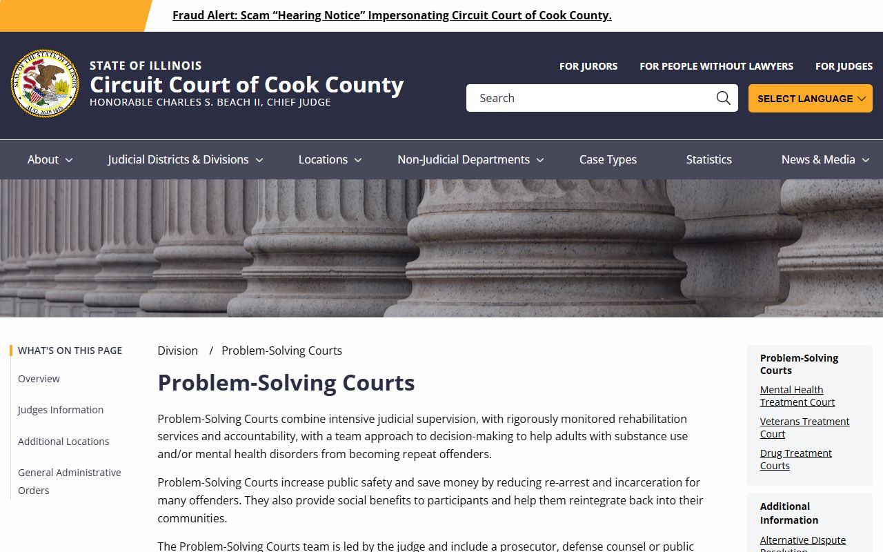 Cook County Circuit Court problem-solving courts page covering mental health, drug, and veterans dockets