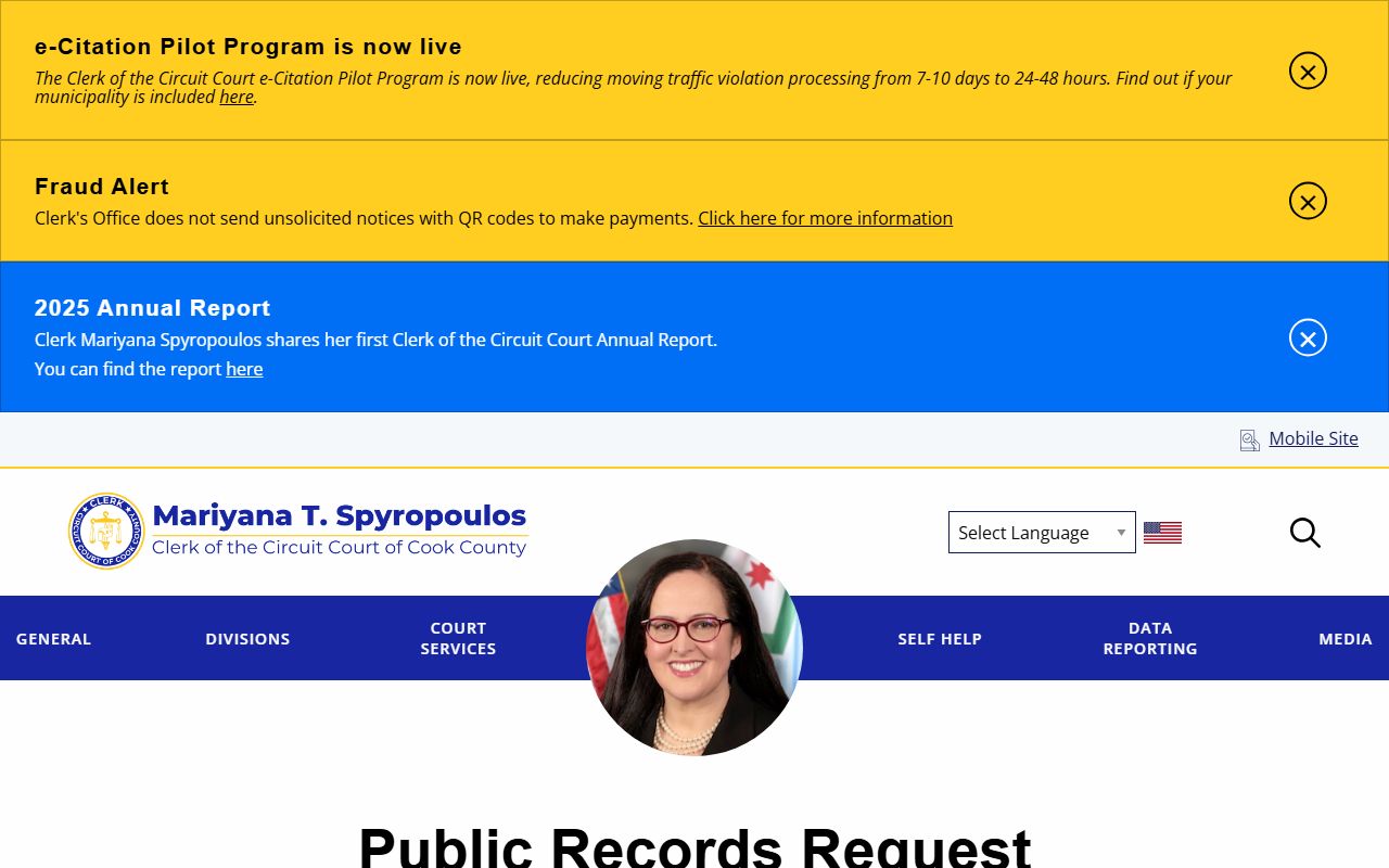 Clerk of the Circuit Court public records request page for archives and court files