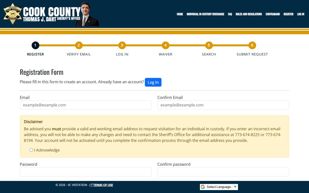 Cook County Sheriff visitor registration page for jail visits