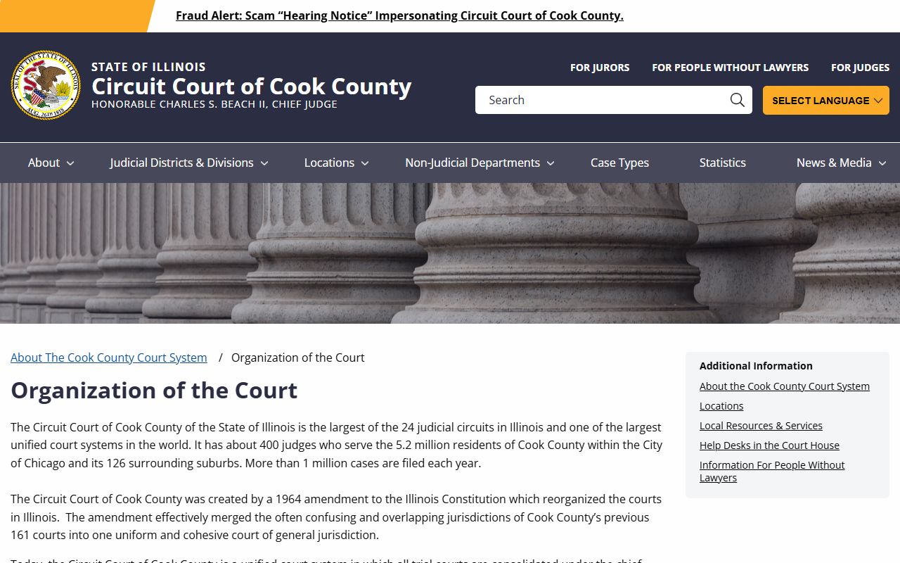 Cook County Circuit Court organization page with County Department and Municipal Department