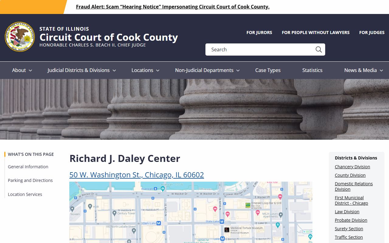 Cook County Daley Center location page with hours, transit, and services