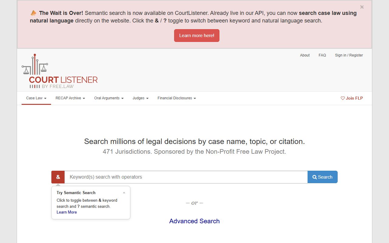 CourtListener free legal information landing page