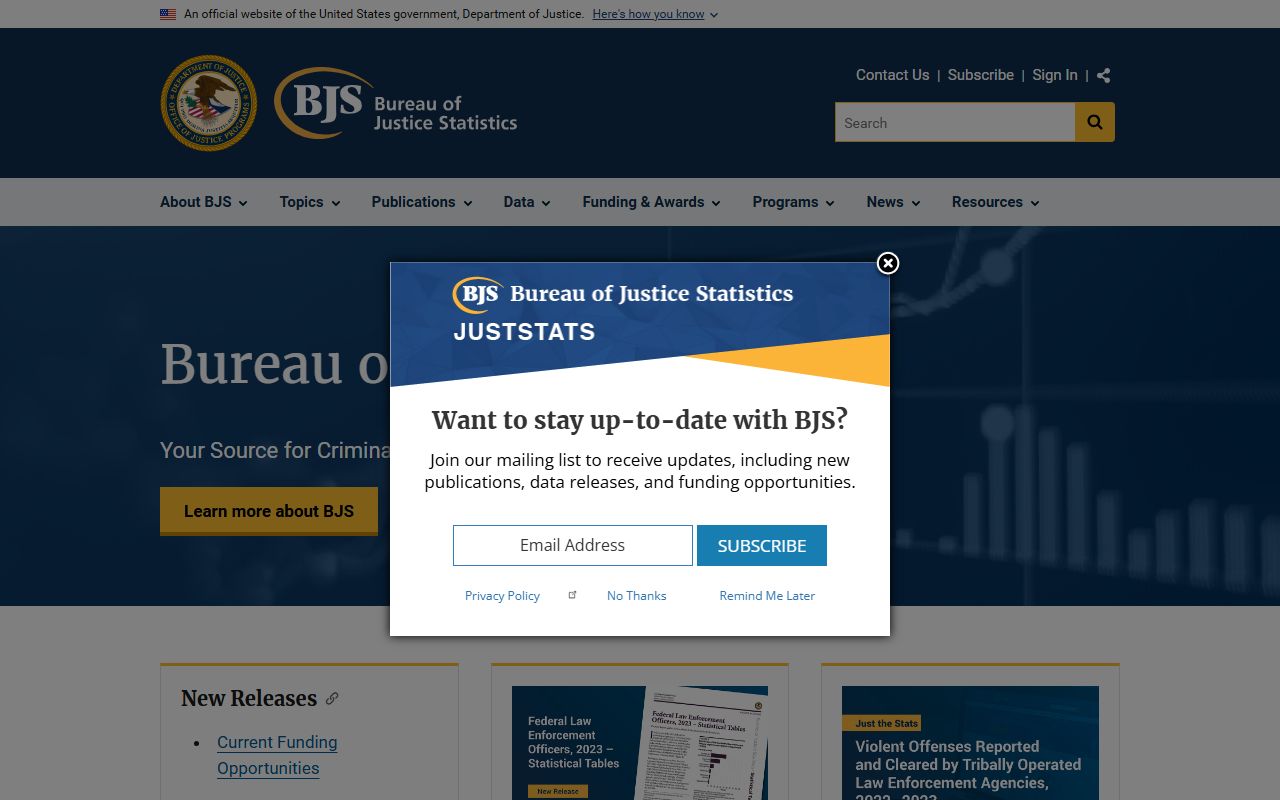 Bureau of Justice Statistics home page with jail population datasets