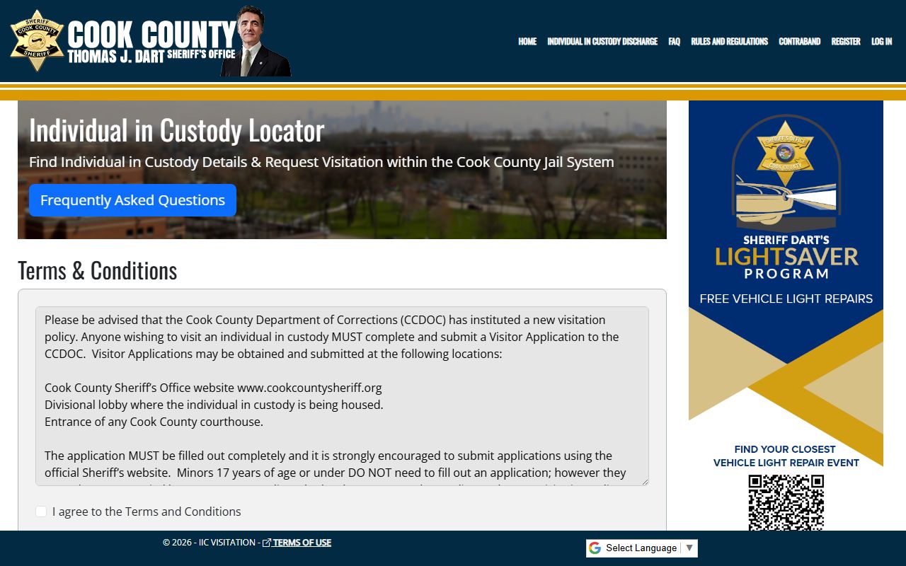 Cook County Sheriff Individual in Custody Locator home page