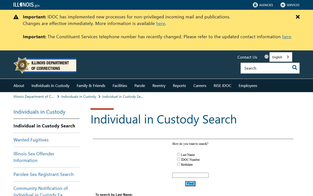 Illinois Department of Corrections inmate search page