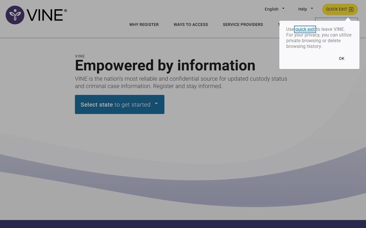 VINELink victim notification and custody-status search landing page