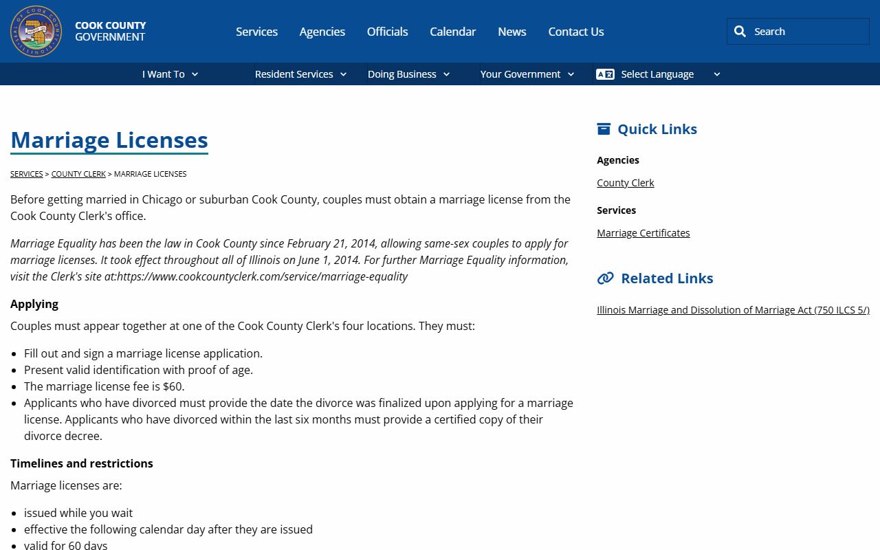 Cook County marriage license service page with fee, appearance requirement, waiting period, and validity