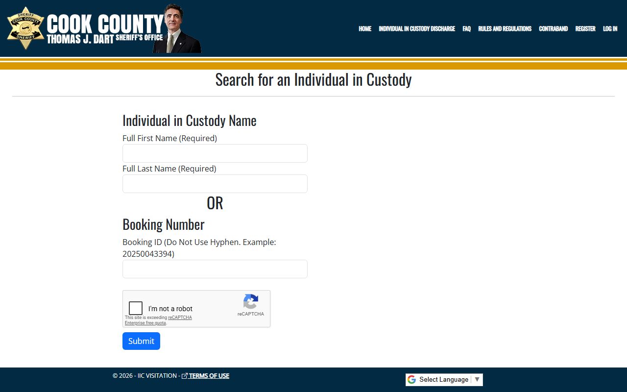 Cook County Sheriff Individual in Custody Locator search form