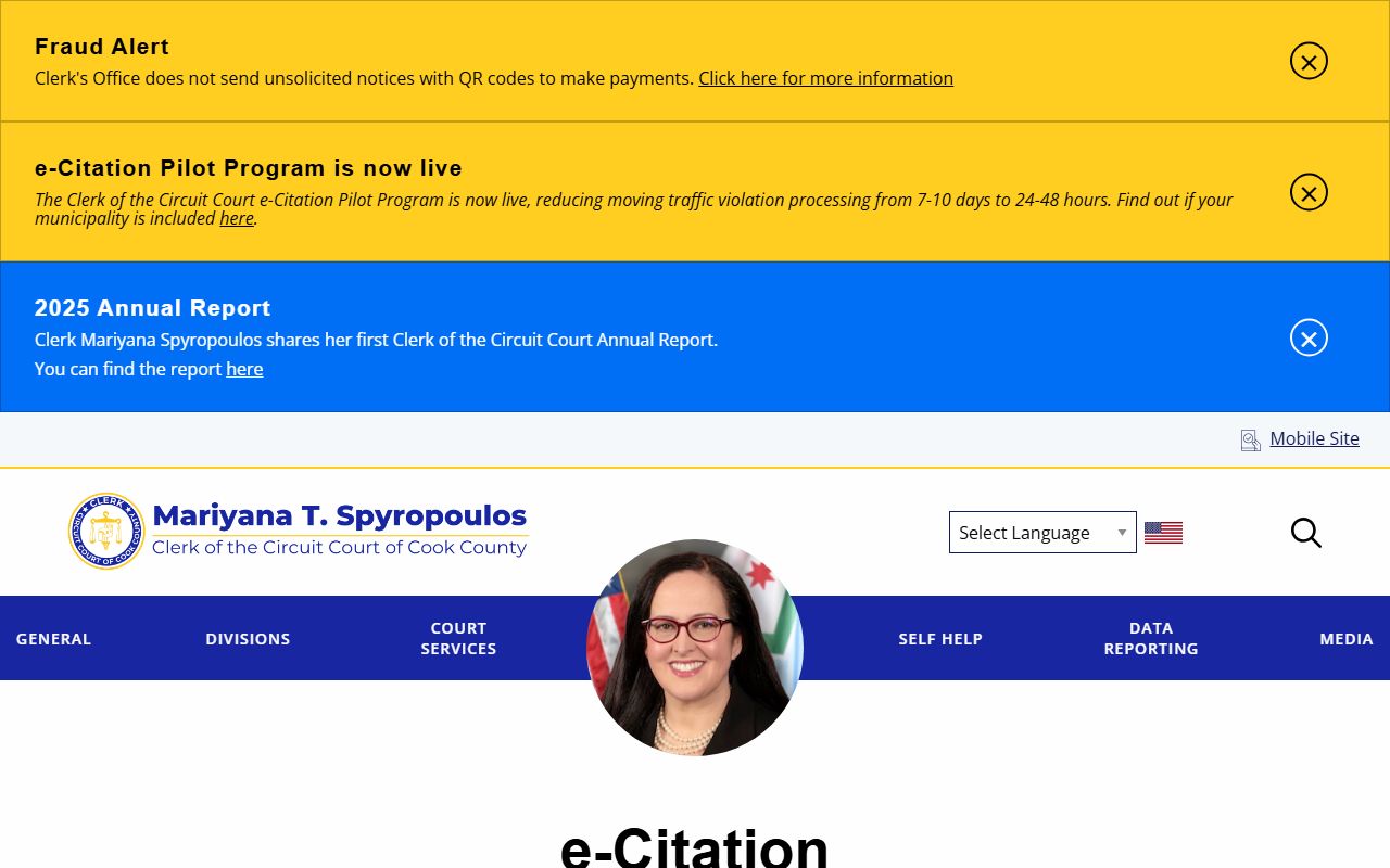 Cook County Clerk e-Citation page with qualifying violations and participating municipalities