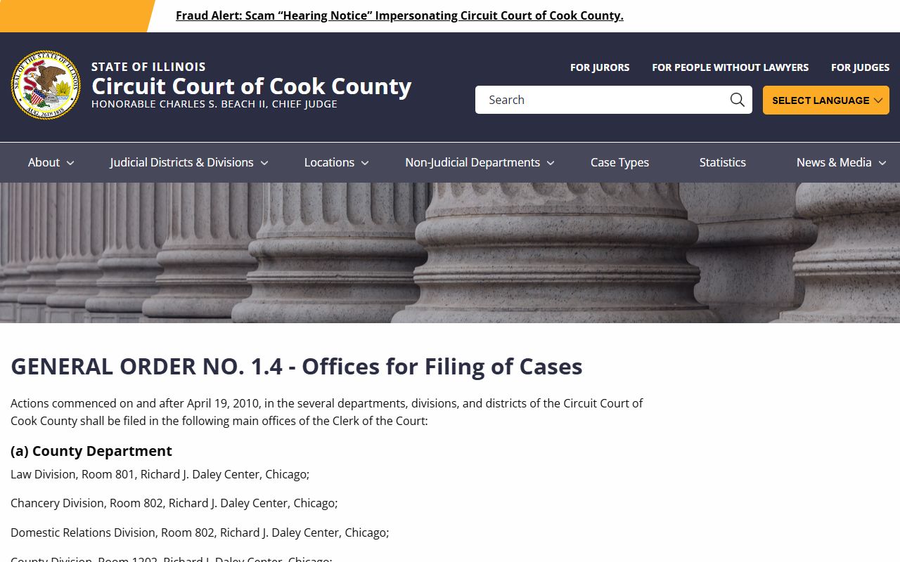 Cook County General Order 1.4 filing locations for county departments and suburban districts