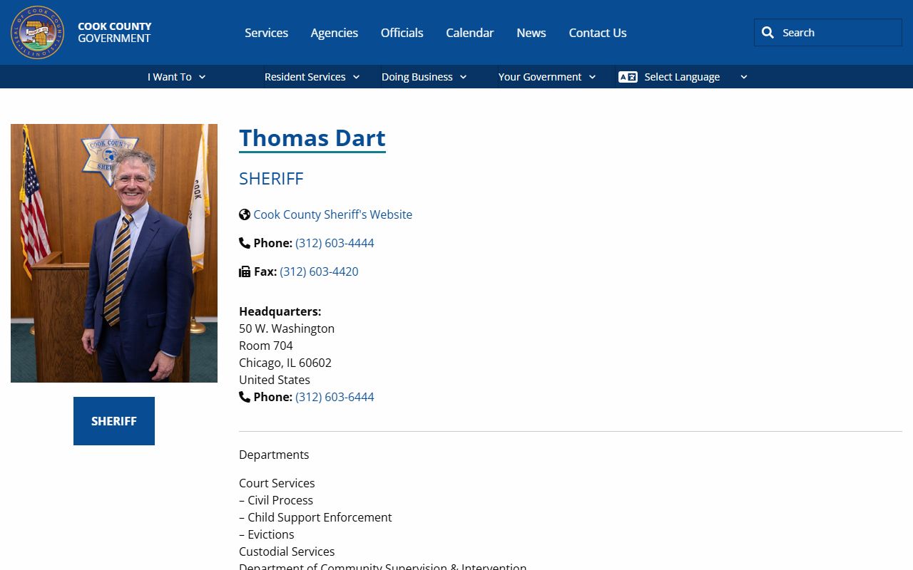 Cook County official profile for Sheriff Thomas Dart
